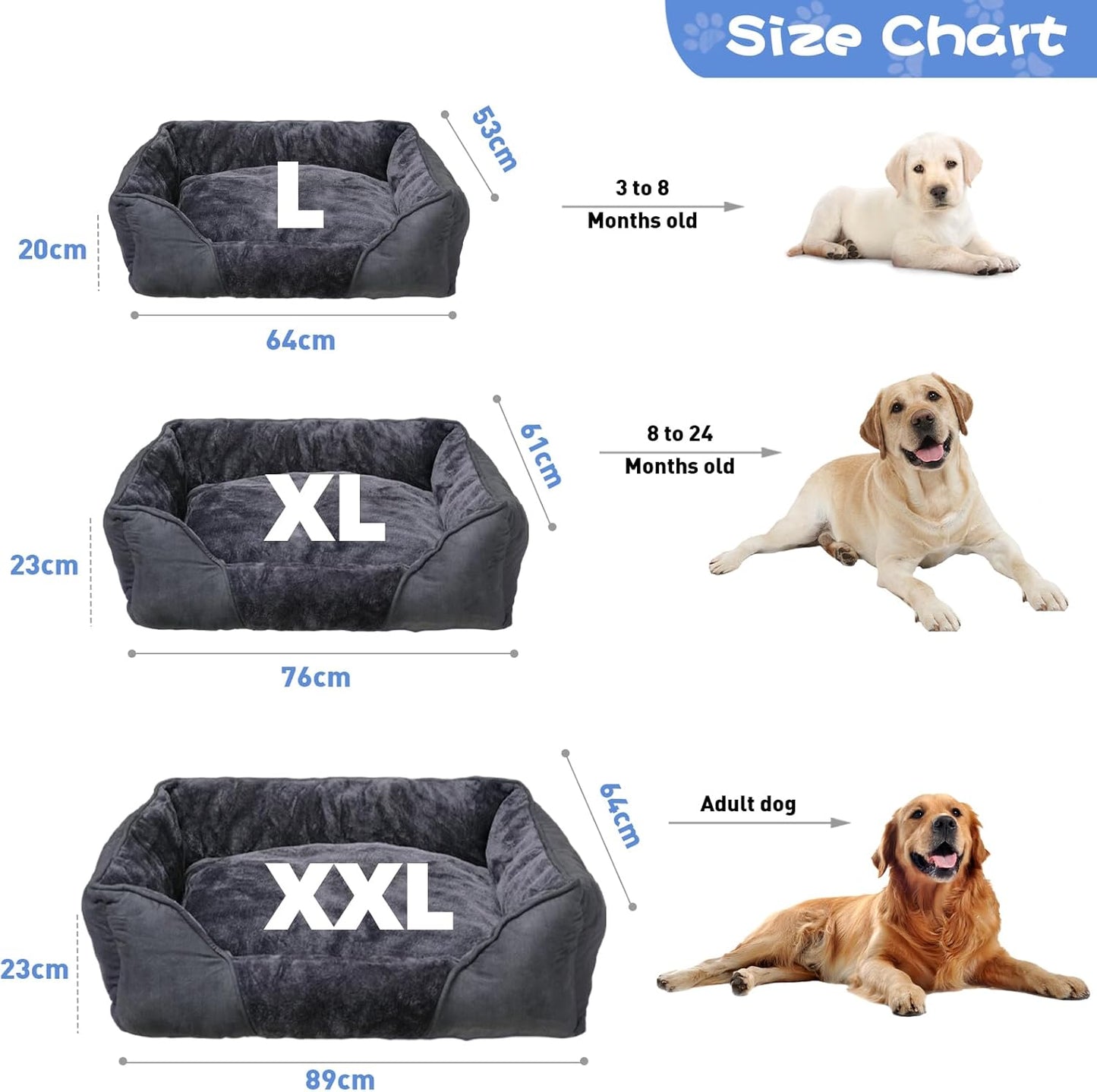 Large Dog Bed, Orthopaedic Anti-Slip Soft Calming Dog Bed with Removal Cushion, 76x61x23cm-XL