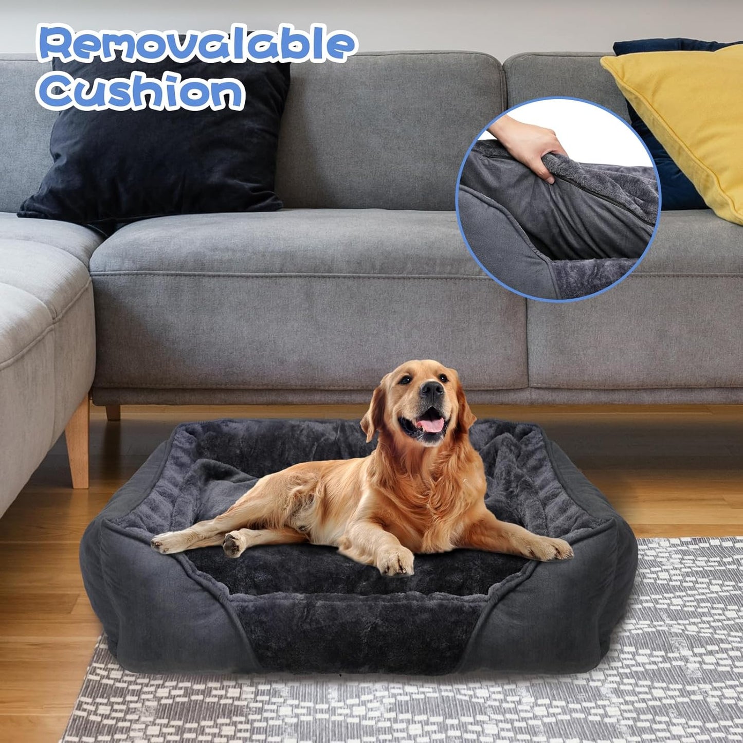 Large Dog Bed, Orthopaedic Anti-Slip Soft Calming Dog Bed with Removal Cushion, 76x61x23cm-XL